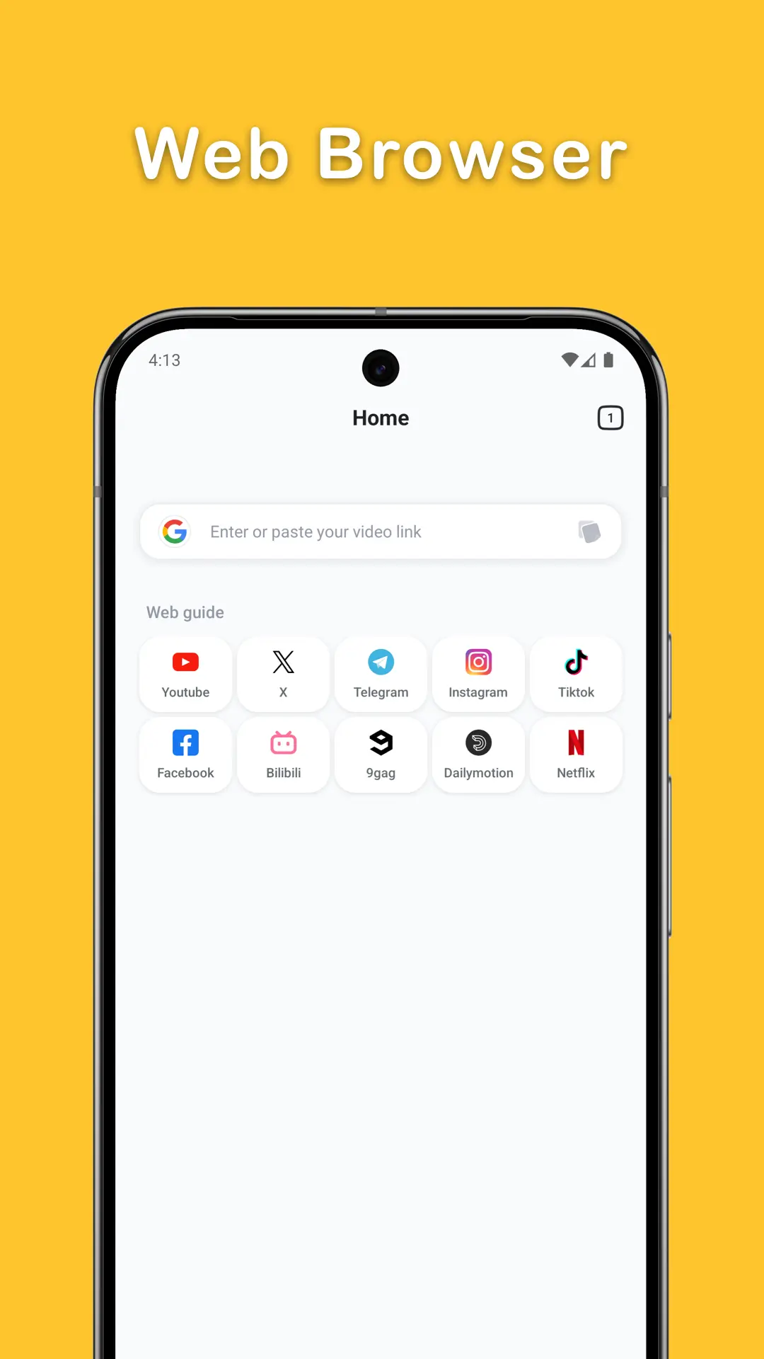 智能集成浏览器界面截图：应用首页显示Web Browser界面，顶部为搜索栏，下方为常用视频平台图标矩阵，布局清晰，操作直观。